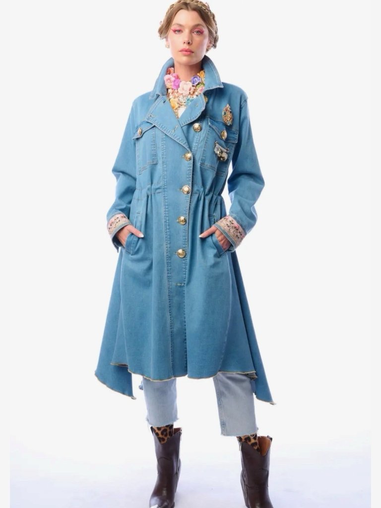 Aratta Monte Carlo Denim Hi-Low Long Coat Blue Decorative Brooch Size S M L